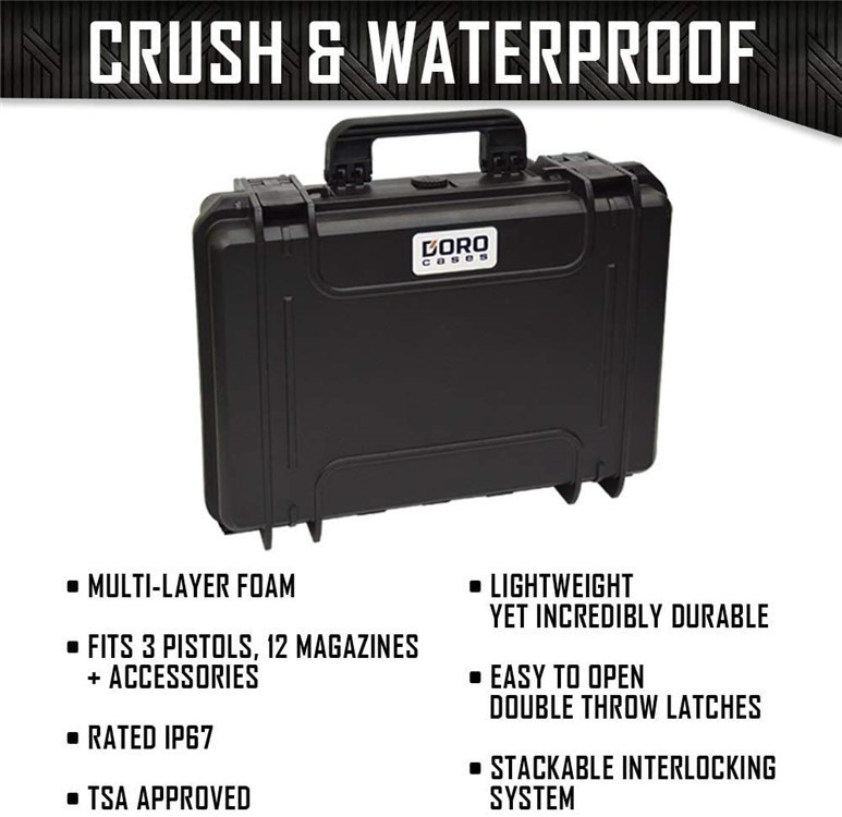 3 Pistol 12 Magazine + Acc. Storage DORO Waterproof Pistol Case Black Foam-img-1