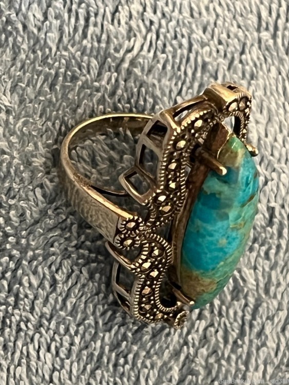 VINTAGE STERLING SILVER MARCASITE TURQUOISE RING, 11 GRAMS-img-9