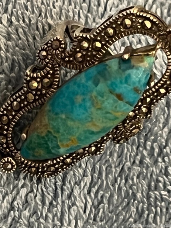 VINTAGE STERLING SILVER MARCASITE TURQUOISE RING, 11 GRAMS-img-8