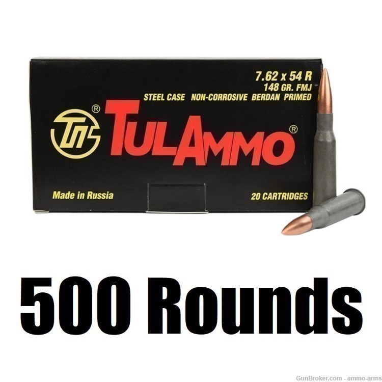 500 Rounds Tula / TulAmmo 148 Grain FMJ 7.62x54r BANNED Russian Ammunition-img-1