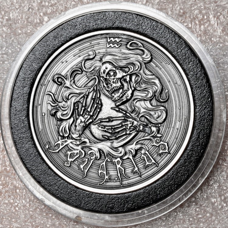 AQUARIUS - Zombie Zodiacs - 1 oz .999 silver round w/custom antique finish-img-0