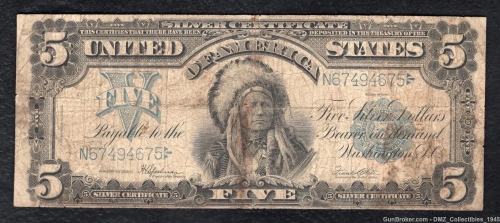 1899 $5 Dollar Native American Chief Silver Certificate Note Bill Money-img-0