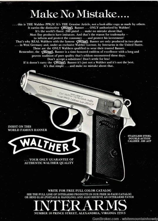 1984 WALTHER PPK/S Pistol Interarms PRINT AD Collectible Gun Advertising-img-0