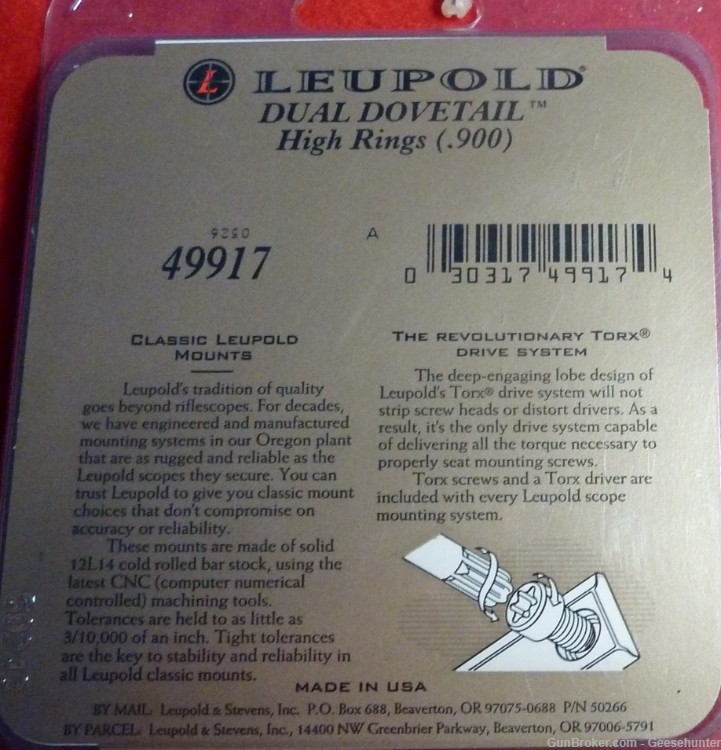 Leupold Dual Dovetail DD Rings, Universal, 1 in, High, Gloss, Steel, 49917-img-2
