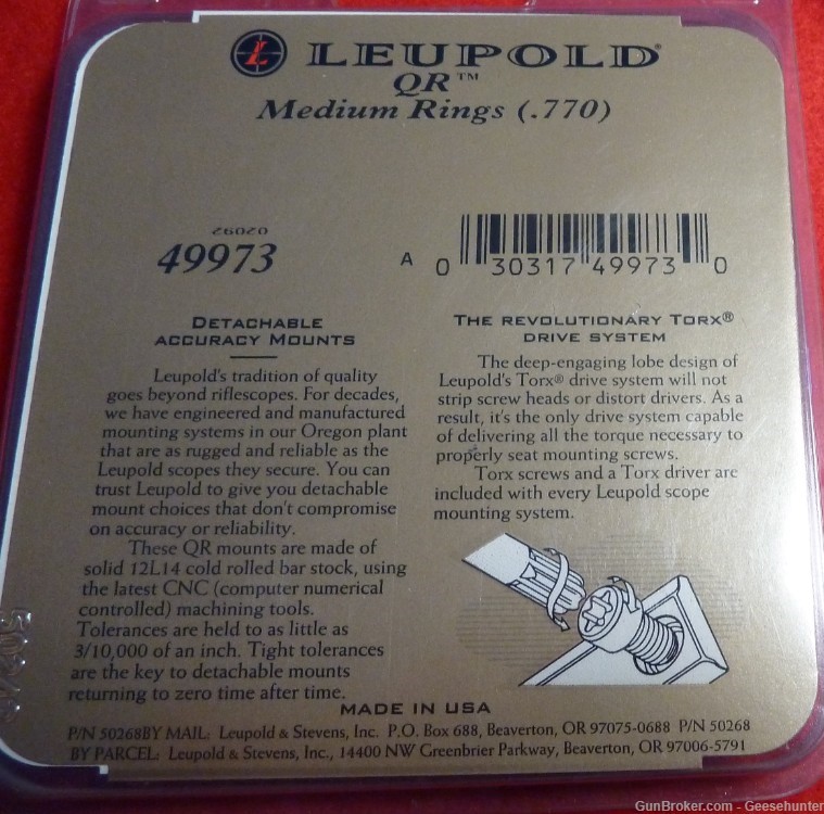 Leupold Quick Release Rifle Scope Rings, 1in Diameter, Medium, Steel 49973-img-3