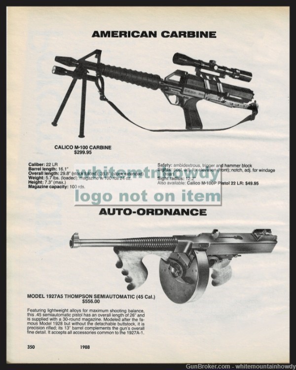 1988 CALICO M-100 Carbine and Auto Ordnance Thompson 1927AS PRINT AD-img-0