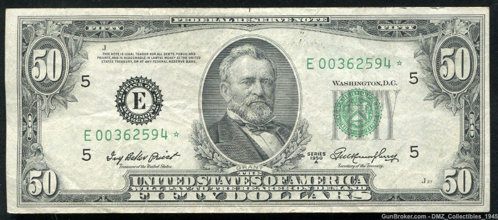 1950 $50 Federal Reserve Note Money Currency with US Grant-img-0