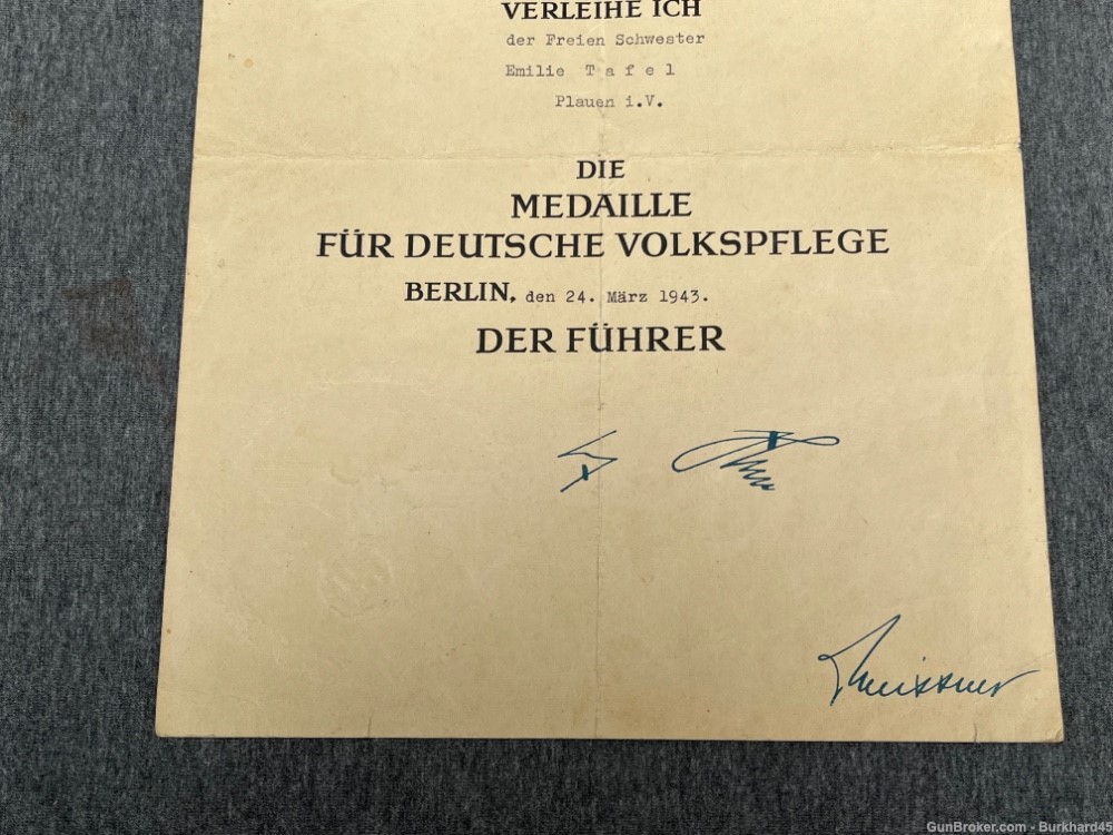 Original WWII German Social Welfare Medal w/ Award Certificate and Ribbon -img-2