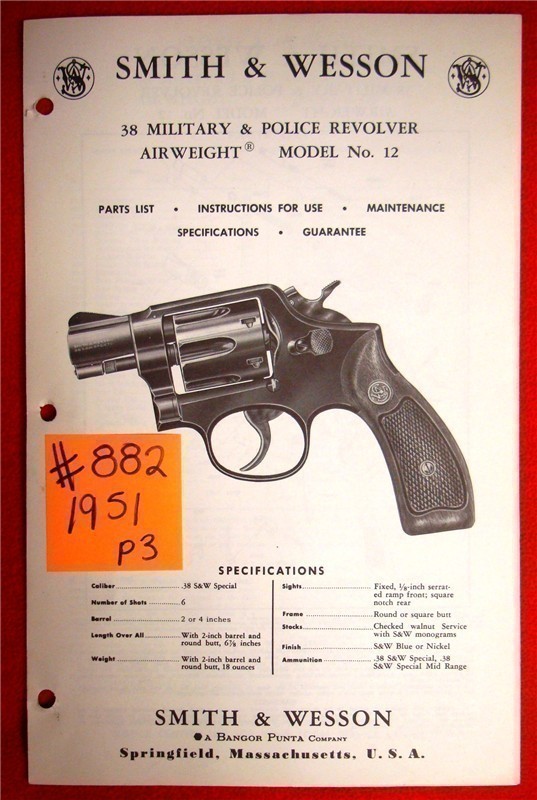 Original S&W Model 12  Owners Instruction Manual 1970s-img-0