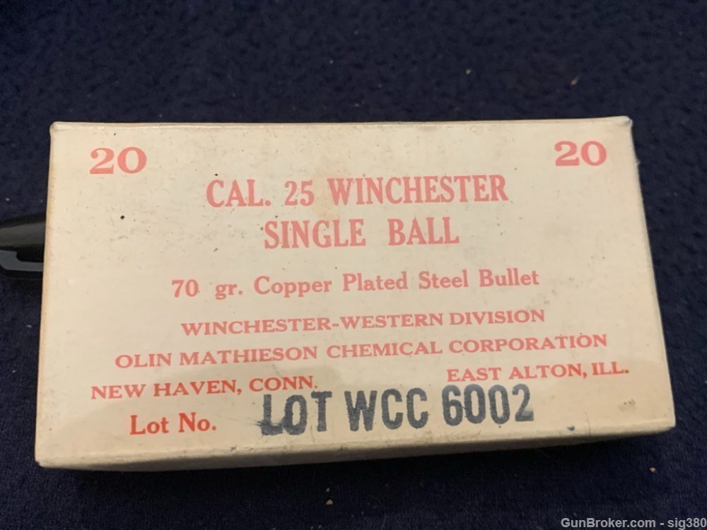 ANTIQUE OLIN 25 WINCHESTER SINGLE BALL 70GR AMMO / 20 RDS SEALED-img-0