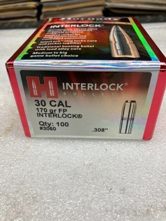 hornady interlock 30 cal 170 gr fp #3060 100 bullets-img-1