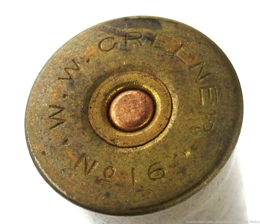 Loaded 16 Ga. Brass Shotshell by W.W. Greener U.K. Rose Crimp No. 4 Shot-img-2