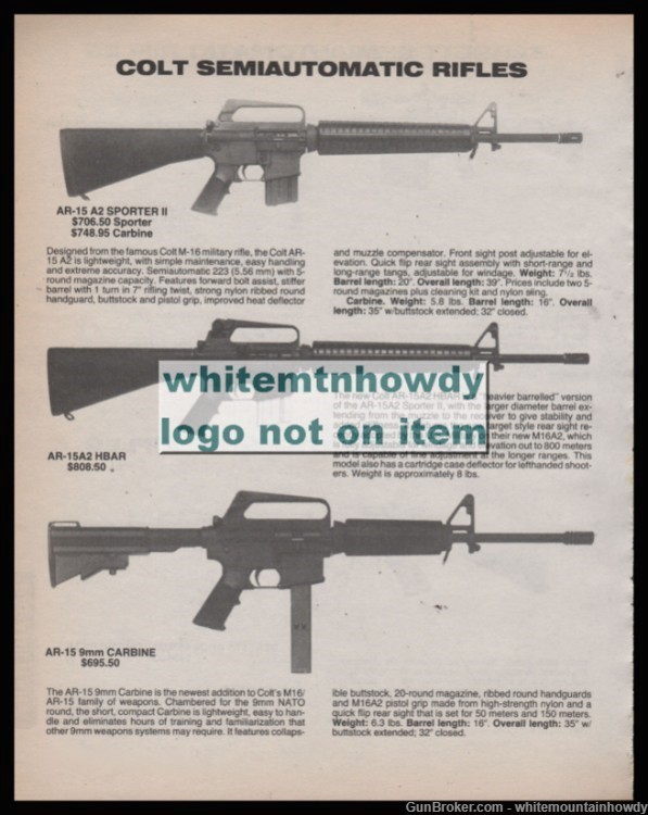 1987 COLT AR-15 A2 Sporter, HBAR Rifle 9mm Carbine PRINT AD-img-0