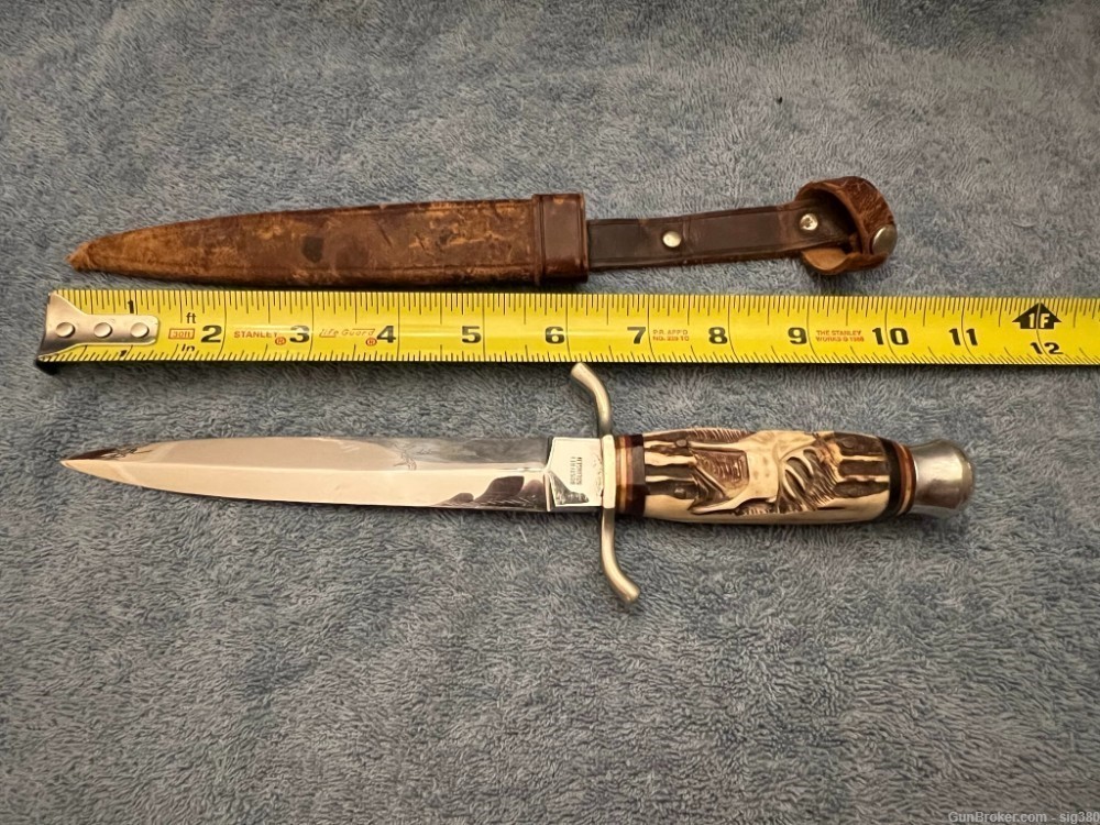 VINTAGE CUSTOM ROSTFRIE HUNTING KNIFE WITH CARVED STAG HANDLE W/ SCABBARD-img-2