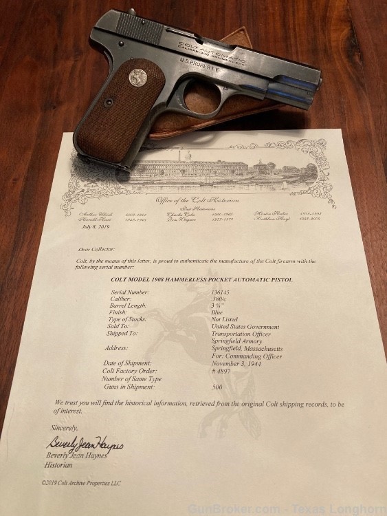 Colt M1908 .380 Blue 1942 WW2 General Officer U.S. Property Colt Letter-img-1
