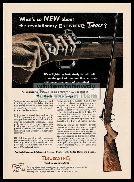 1966 BROWNING T-2 T-Bolt Rifle Vintage Print AD-img-0