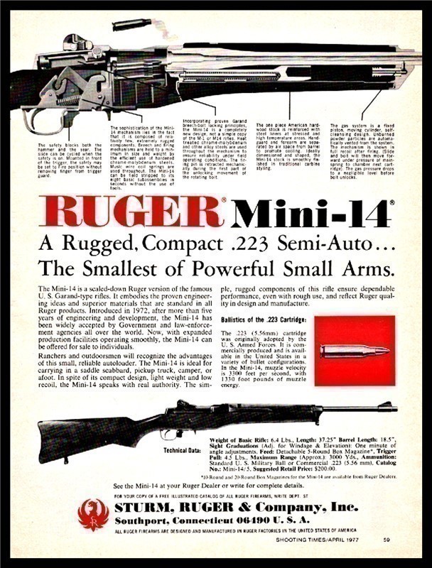 1977 RUGER Mini-14 .223 Semi-Auto Rifle PRINT AD-img-0