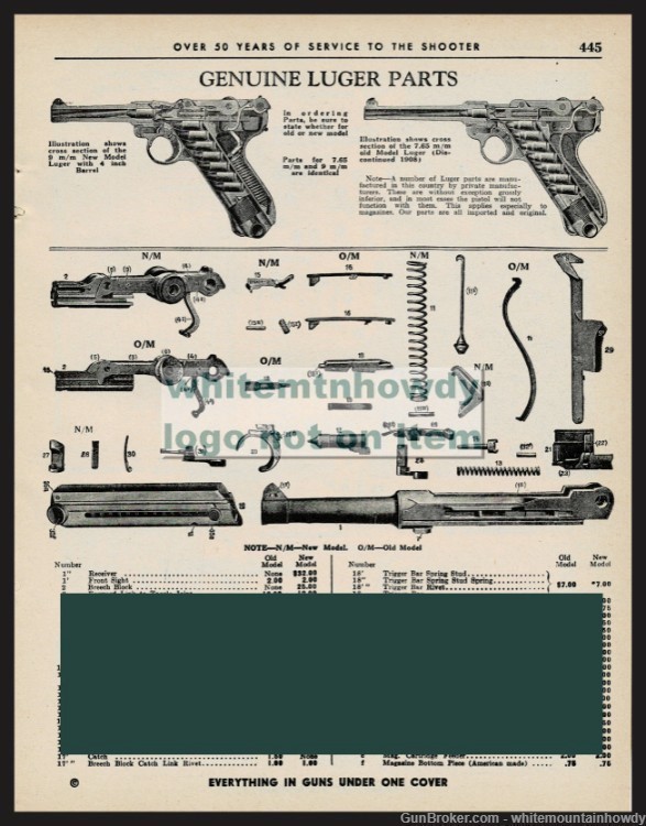 1962 LUGER 9 mm New Model 4" barrel & 7.65 mm Old Model Pistol Parts List-img-0