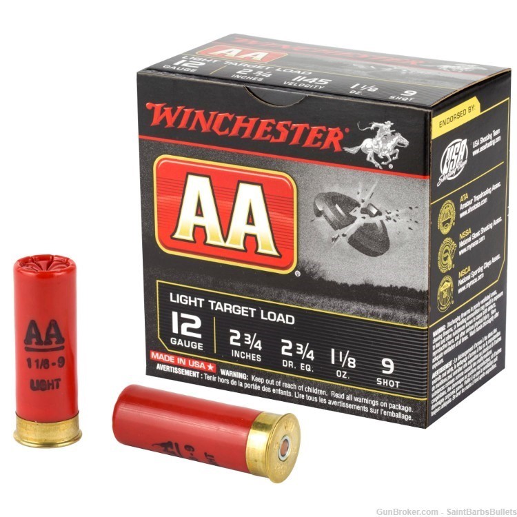Winchester AA Target 12 Gauge 2.75" 1145fps 1 1/8oz. #9 Shot - 25 Rounds-img-0