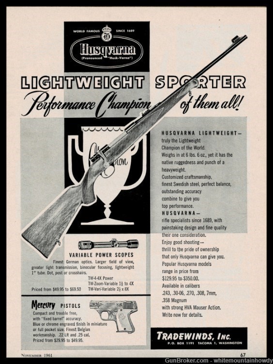 1961 HUSQVARNA Lightweight Sporter Rifle PRINT AD Old Advertisement-img-0