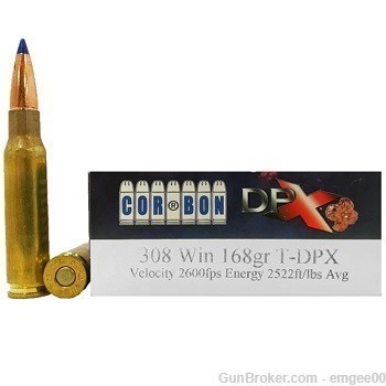 CorBon 308 Win 168 gr DPX (Copper bullet) 100 Rd Case Ammo NR!-img-0