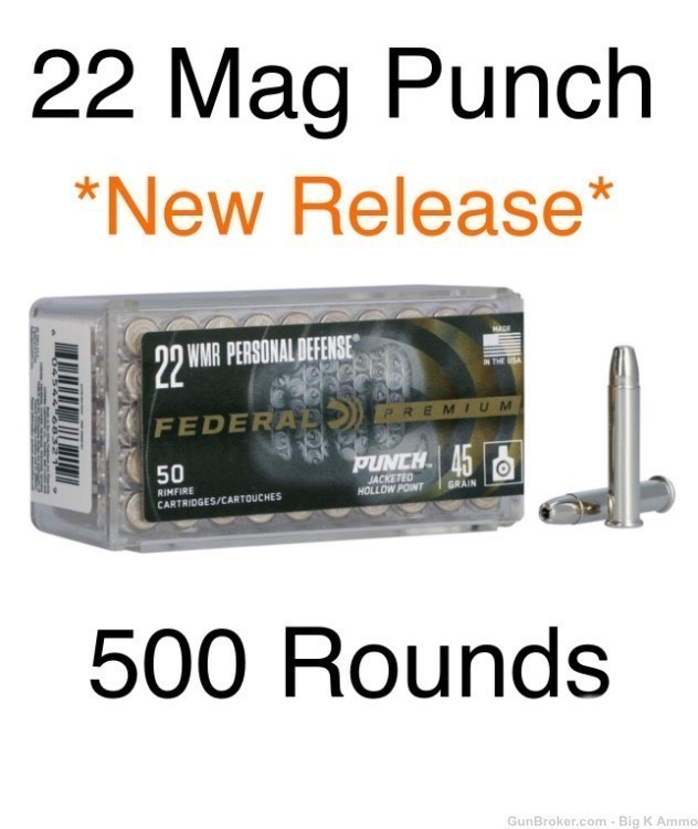 22 Magnum WMR .22 MAG Federal PUNCH 45Gr 500 RDS JHP Hollow Point NoCCFees -img-0
