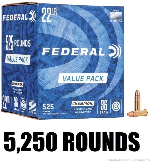 Federal Champion .22 LR 36 Grain CPHP 5250 Rounds - 745-img-1