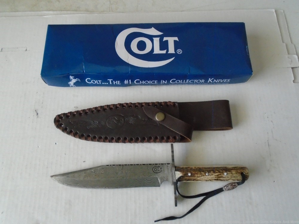 Rare & Discontinued NIB COLT CT278 STAG HANDLE 12" DAMASCUS BOWIE KNIFE!-img-0