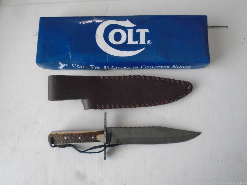 Rare & Discontinued NIB COLT CT278 STAG HANDLE 12" DAMASCUS BOWIE KNIFE!-img-3