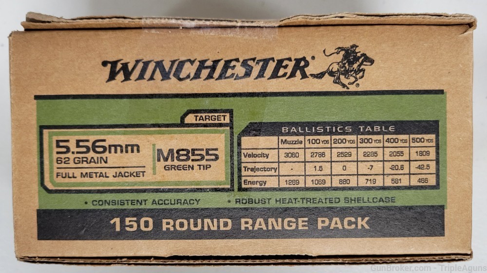 Wichester M855 5.56 62gr green tip Lake City brass box of 150rds loose-img-1