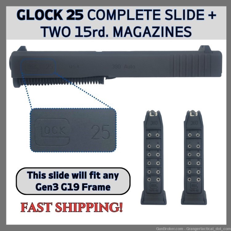 Glock 25 Slide w/ 2 Magazines .380 Conversion Kit Fits Glock 19 23 32 38-img-0
