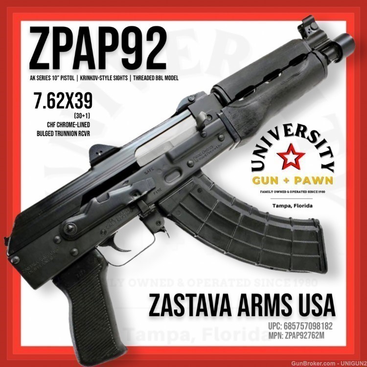 ZASTAVA ARMS ZPAP M92 AK Pistol 10" 7.62x39 685757098182 ZP92762M-img-0