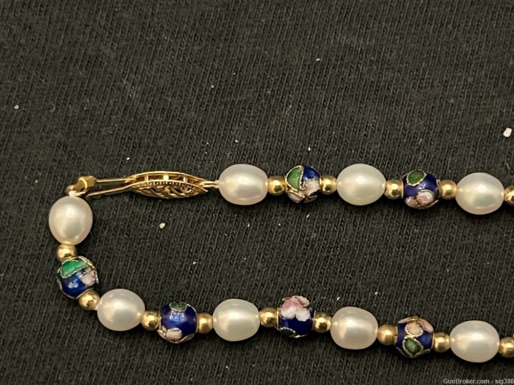 VINTAGE PEARL ENAMEL BEADED 14K GOLD CLASP 18" NECKLACE -img-5