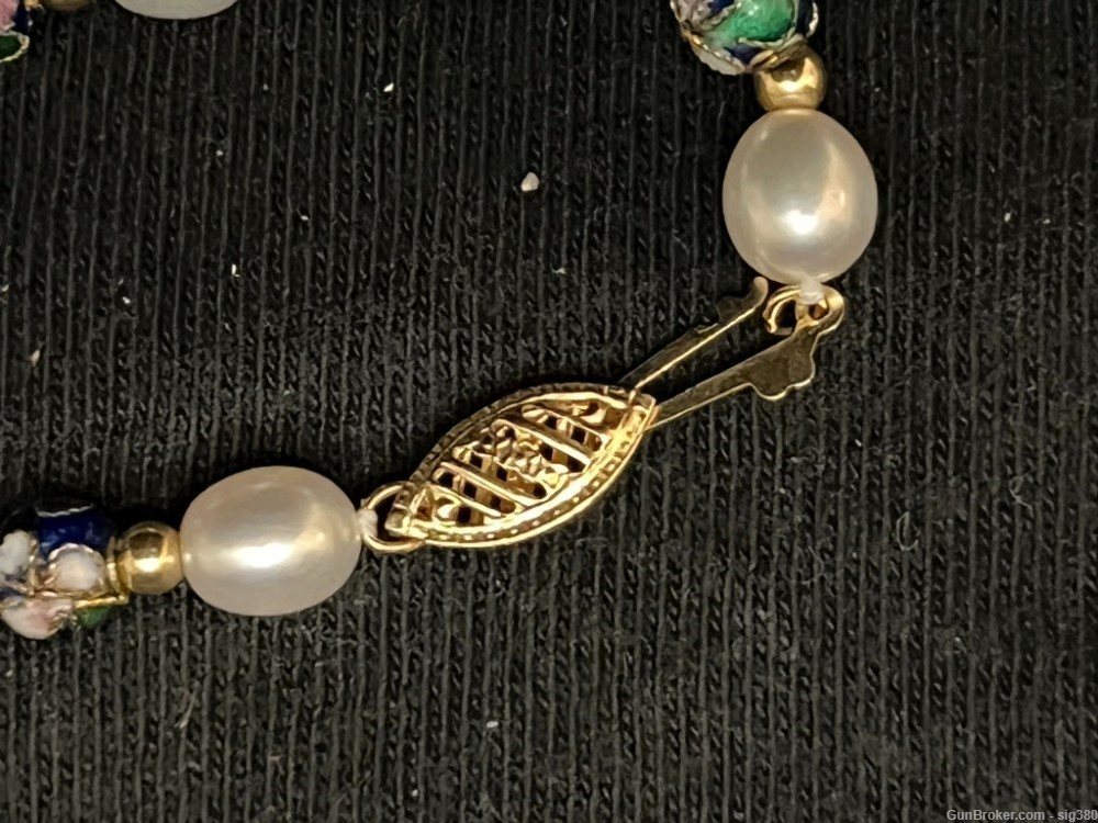 VINTAGE PEARL ENAMEL BEADED 14K GOLD CLASP 18" NECKLACE -img-9