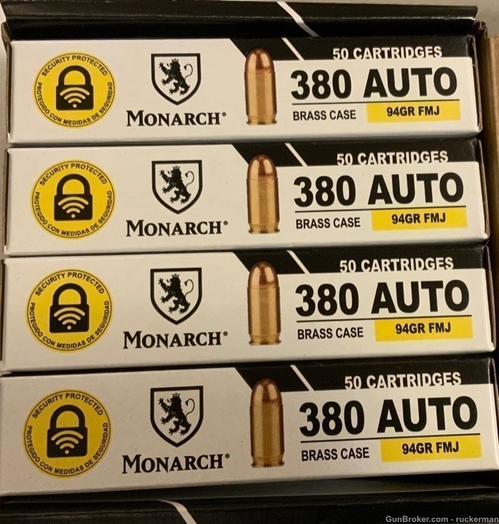 380 ACP MONARCH 200 ROUNDS 94 GRAINS FMJ BRASS 4 BOXES OF 50 -img-0