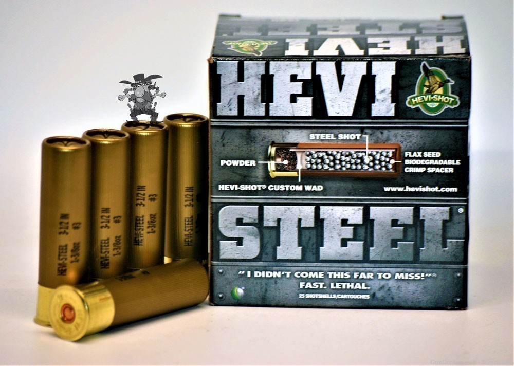 12ga HEVI STEEL12 GA 3 ½" SHELL No.3 SHOT 1-3/8oz Shot HEVI 1550FPS 25 RDS-img-1