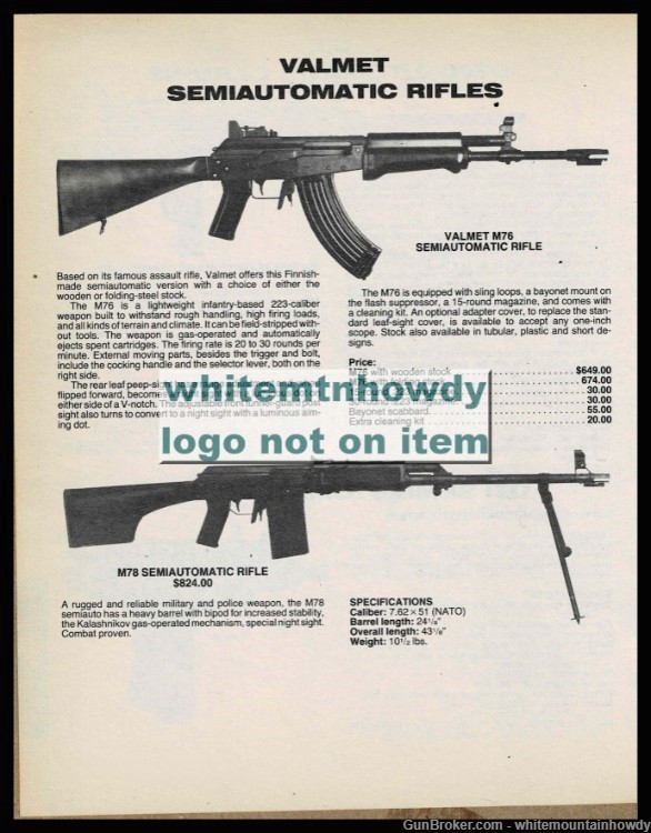 1987 VALMET PRINT AD M76 and M78 Semiautomatic Rifle Advertising-img-0