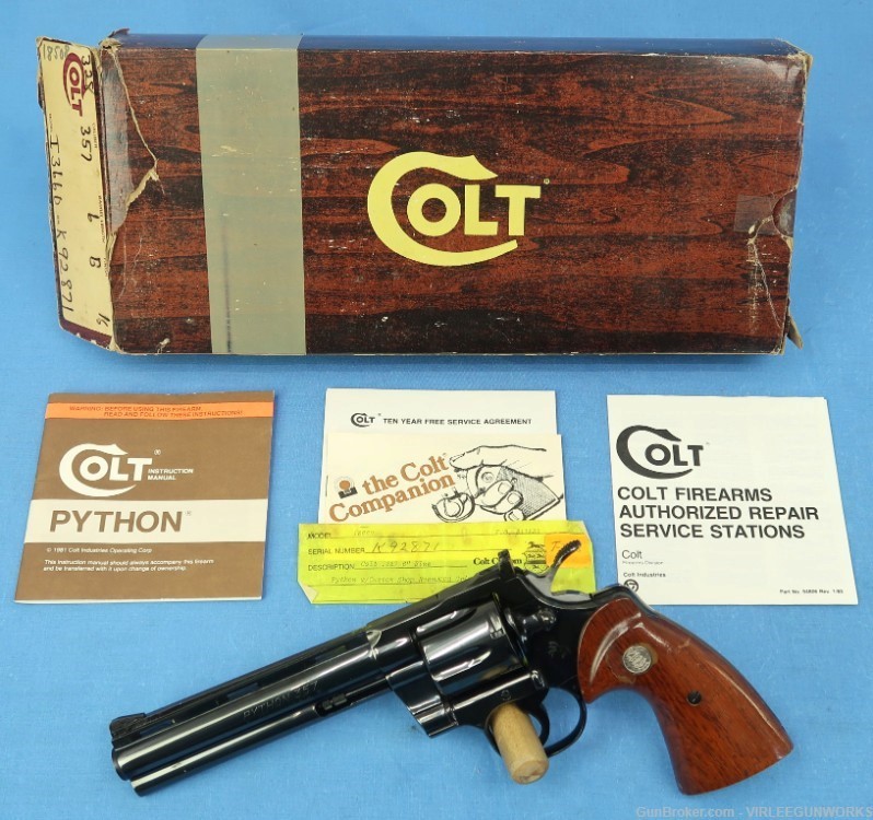 Colt Python 357 Magnum Blued 6” Double Action Boxed Custom Shop Grips 1982-img-0