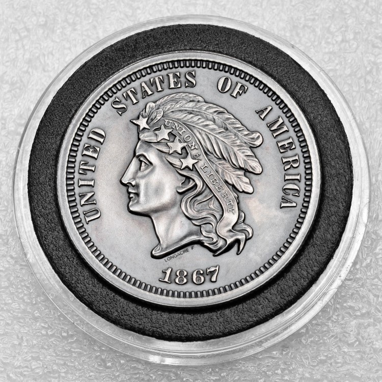 1867- 5c Pattern Tribute – JUDD 561–2 oz .999 silver– 39mm w/antique finish-img-0