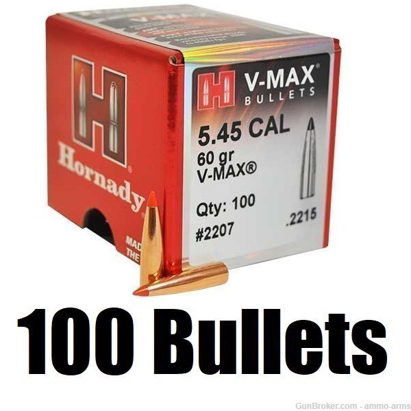 Hornady V-Max 5.45 Caliber ( .2215 Diameter ) 60 Grain 100 Bullets - 2207-img-1