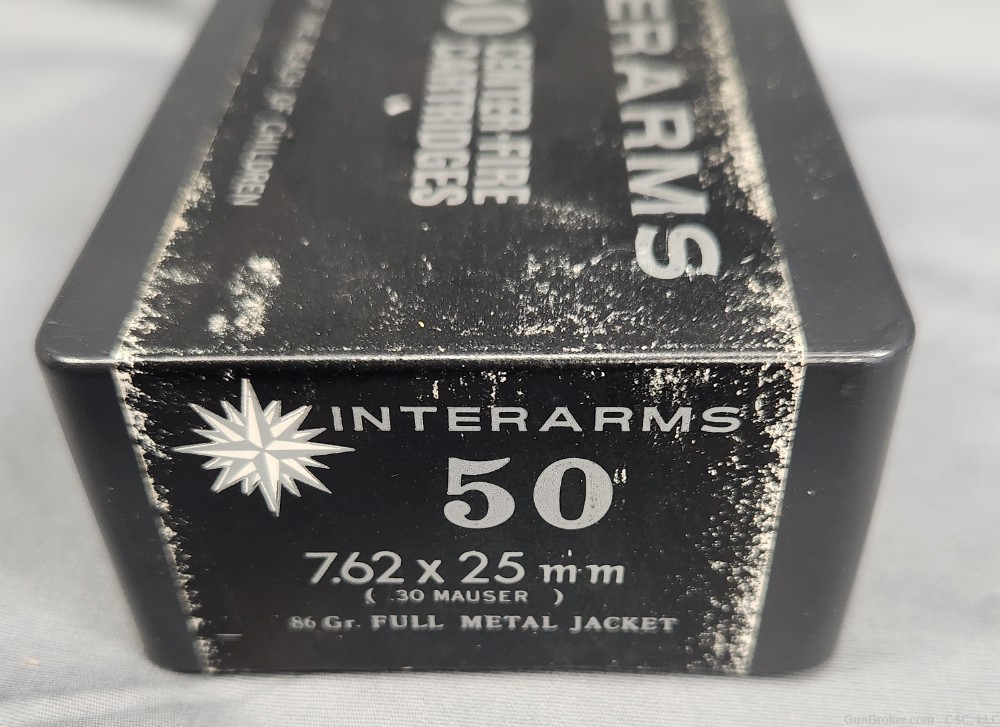 Interarms 7.62x25 (30 Mauser) ammunition full vintage box 50 rounds-img-2