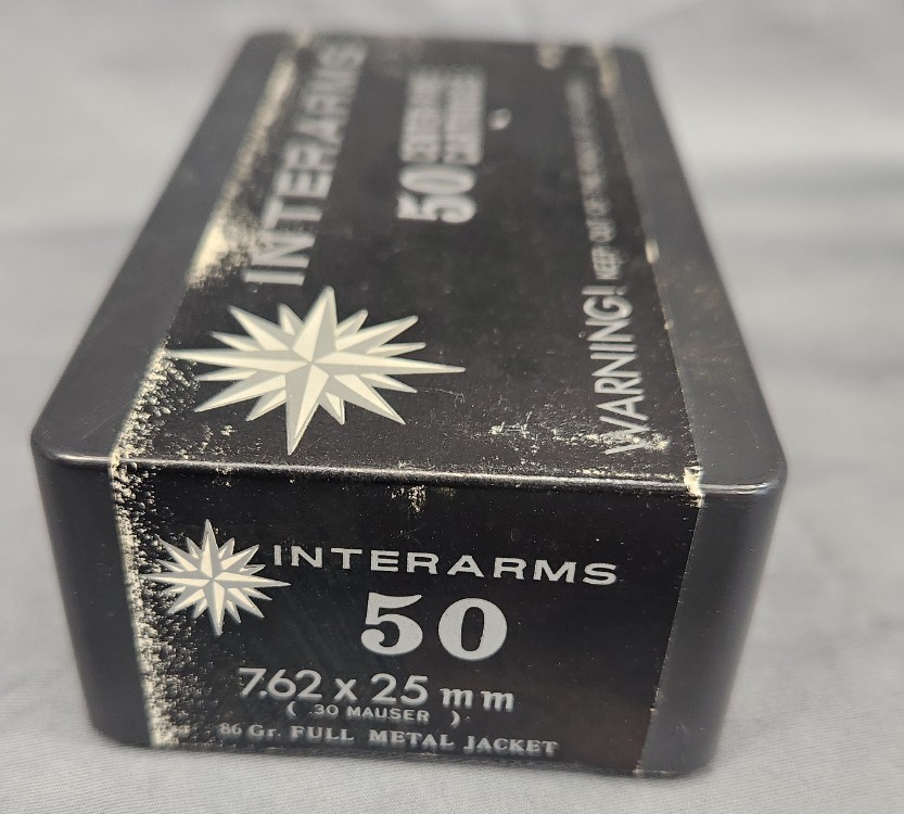 Interarms 7.62x25 (30 Mauser) ammunition full vintage box 50 rounds-img-1