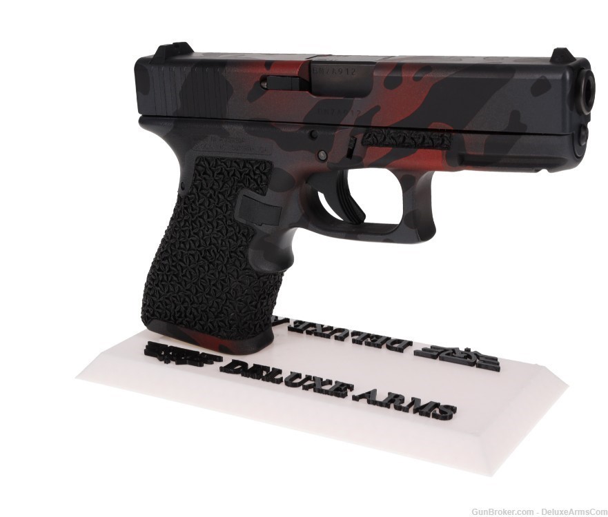 Custom CSS Glock 19 G19 Red Black Woodlands Camo Cerakote with Grip Stipple-img-2