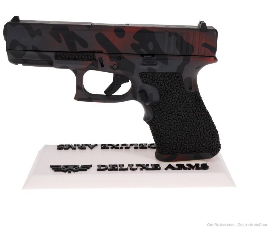 Custom CSS Glock 19 G19 Red Black Woodlands Camo Cerakote with Grip Stipple-img-7