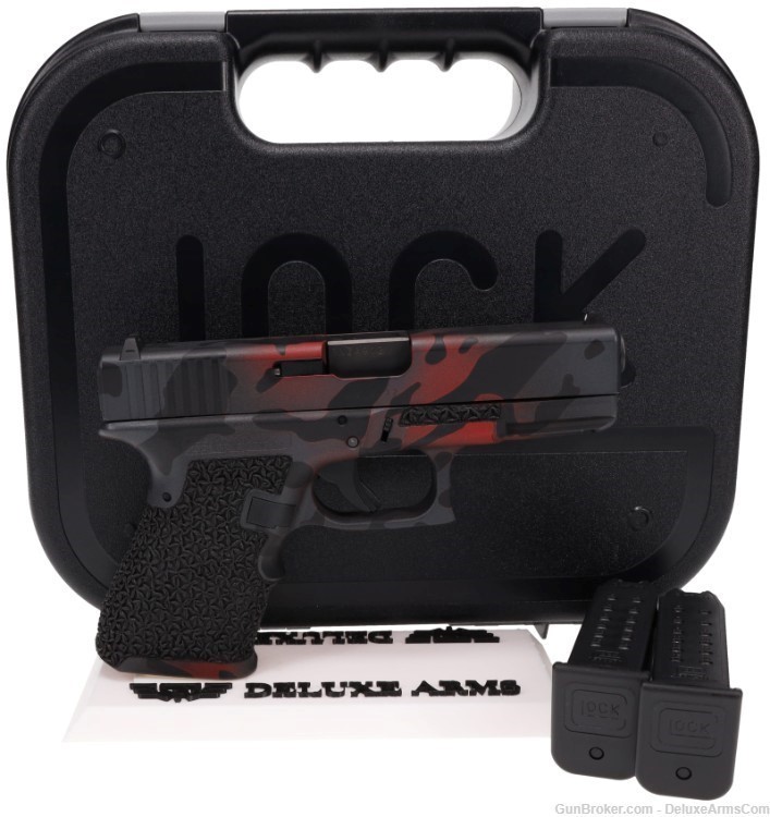 Custom CSS Glock 19 G19 Red Black Woodlands Camo Cerakote with Grip Stipple-img-0