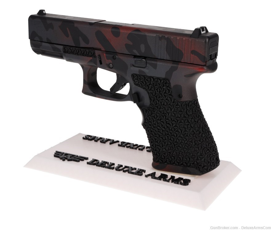 Custom CSS Glock 19 G19 Red Black Woodlands Camo Cerakote with Grip Stipple-img-8