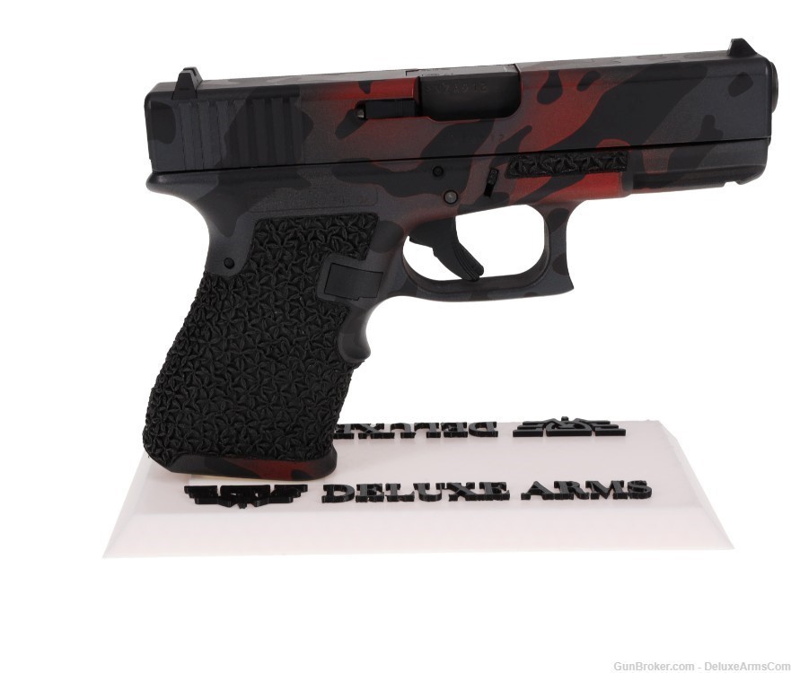 Custom CSS Glock 19 G19 Red Black Woodlands Camo Cerakote with Grip Stipple-img-1