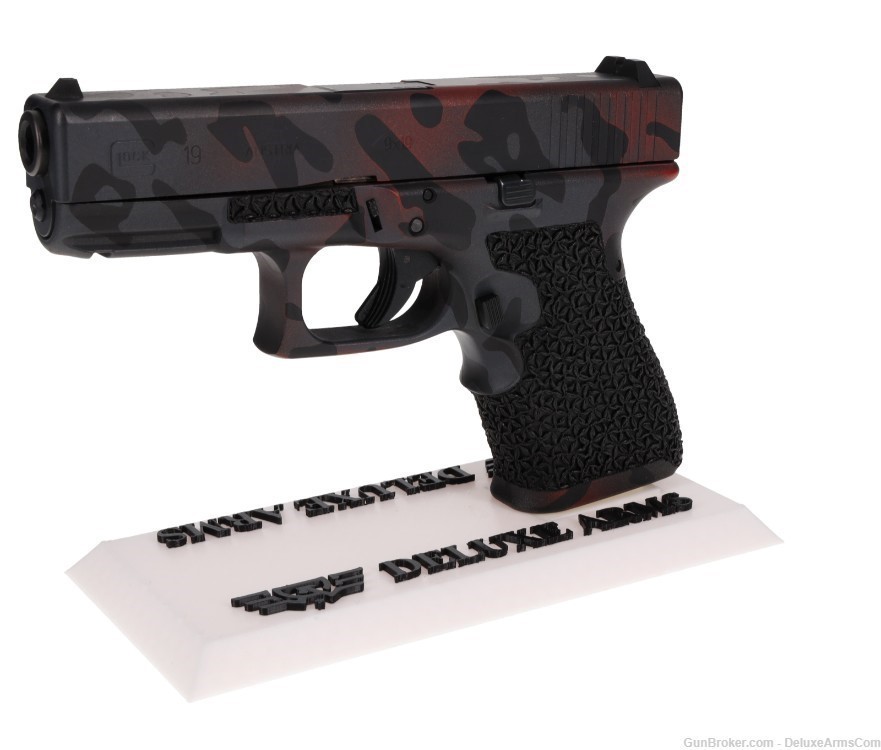 Custom CSS Glock 19 G19 Red Black Woodlands Camo Cerakote with Grip Stipple-img-6