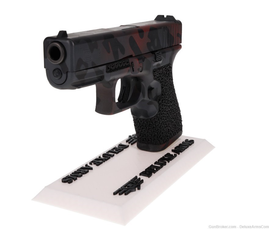 Custom CSS Glock 19 G19 Red Black Woodlands Camo Cerakote with Grip Stipple-img-5