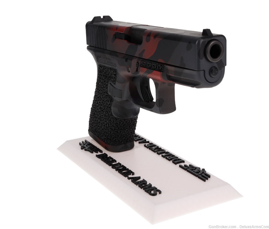 Custom CSS Glock 19 G19 Red Black Woodlands Camo Cerakote with Grip Stipple-img-3